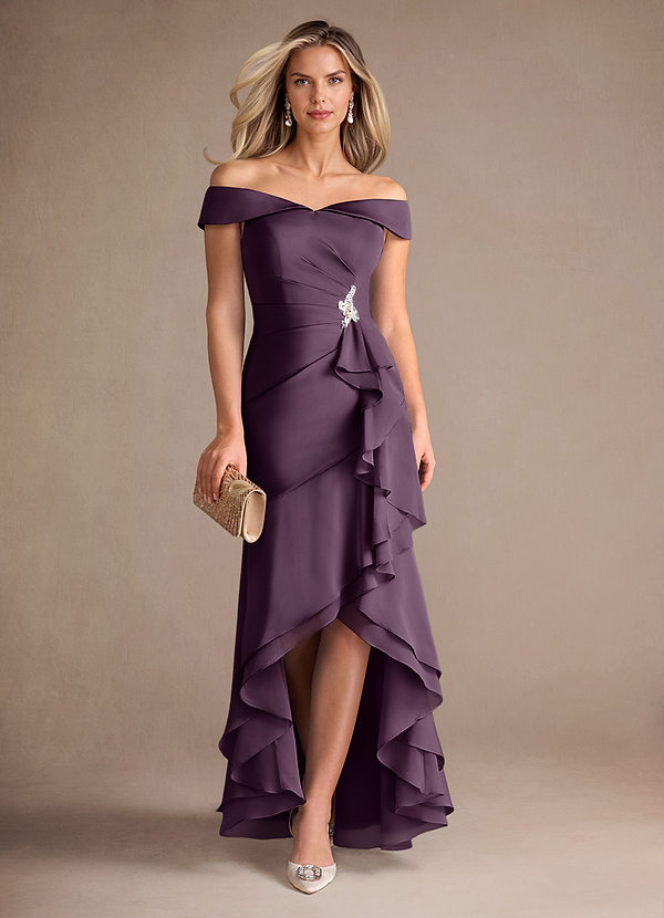 Azazie Billings Mother of the Brides Dresses Plum Mermaid Off the Shoulder Stretch Satin Dress image1