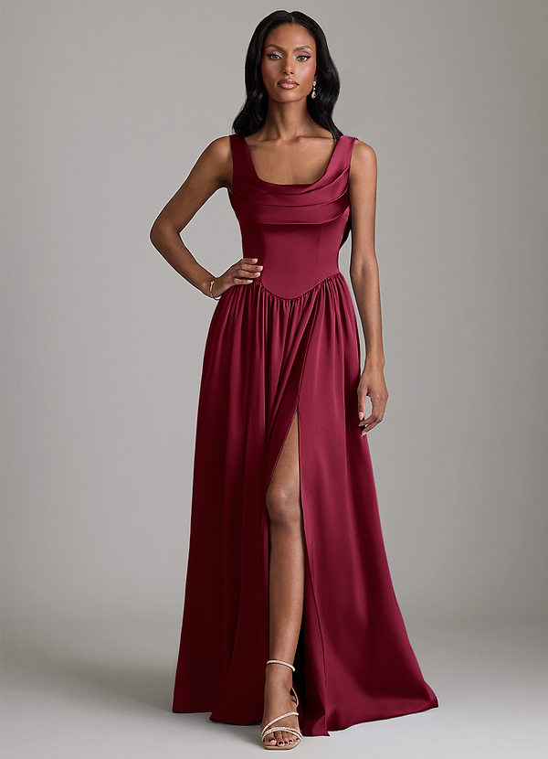 Azazie Novi Robes de demoiselle d'honneur Robe Trapèze en Satin extensible Avec poches Bourgogne image1