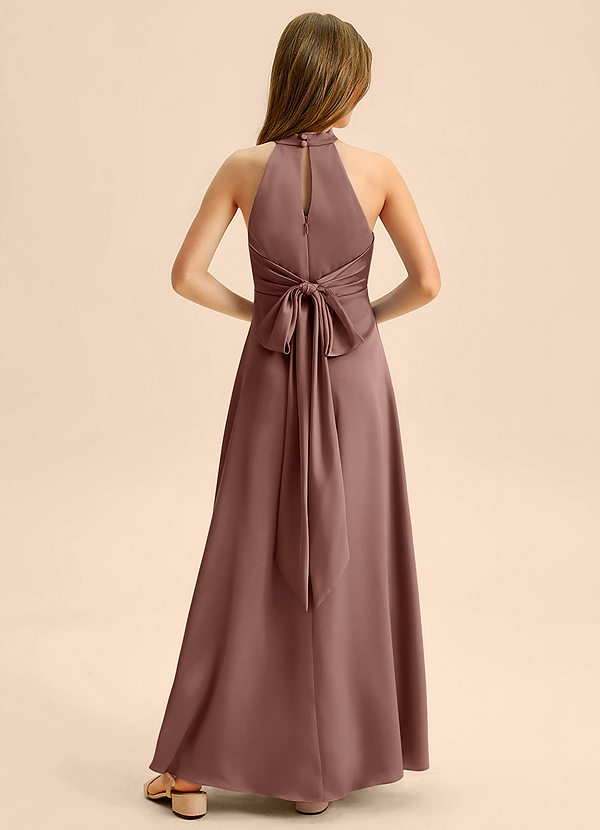 Azazie Beah Junior Espresso A-Line Pleated Stretch Satin Dress image1