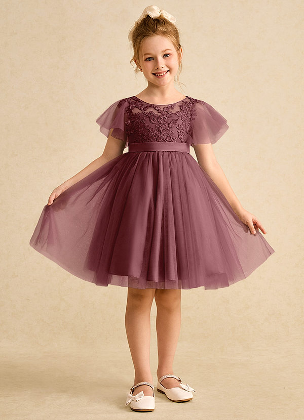 Azazie Queenie Robes de Fillette d'Honneur Robe Trapèze en Dentelle Rose Du Désert image1