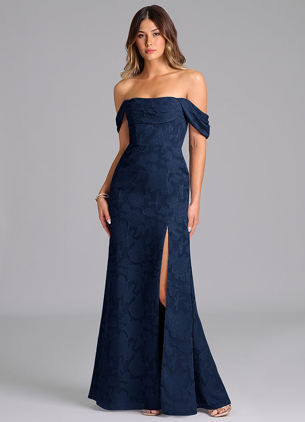 Azazie Saige Bridesmaid Dresses Dark Navy A-Line Off the Shoulder Floral Burnout Convertible Dress image1