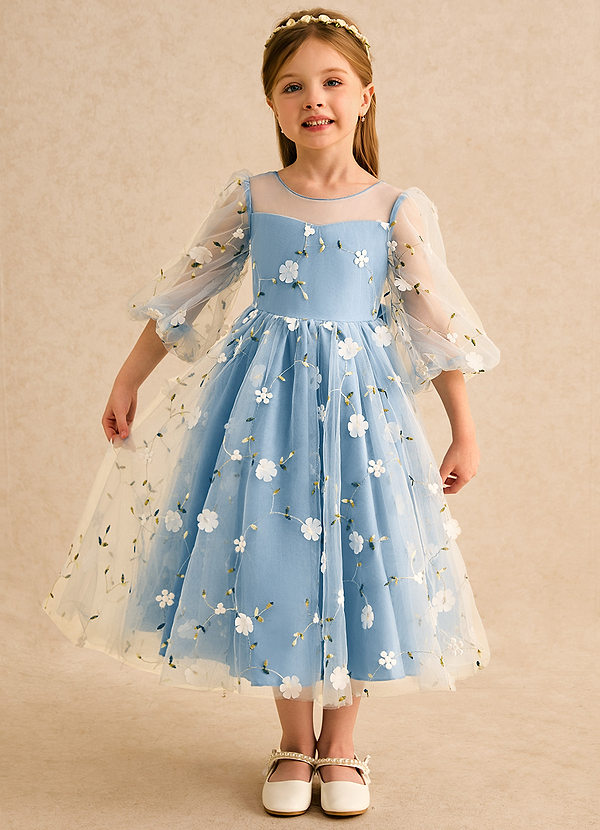 Azazie Elowen Vestidos de Niña de Flores Vestido de Azul Acero de Encaje de Corte en A con Escote de Corazón image1
