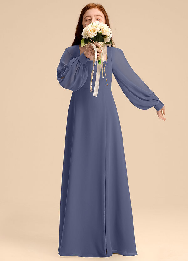 Azazie Bondi Junior Abito A-Line in Chiffon Blusa Stormy image1