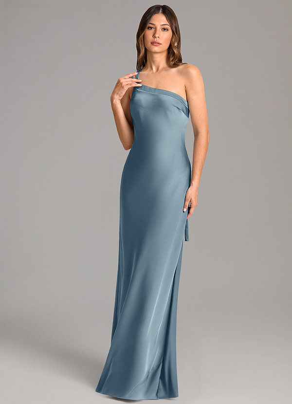 Azazie Monroe Bridesmaid Dresses Dusty Blue Mermaid One Shoulder Stretch Satin Dress image1