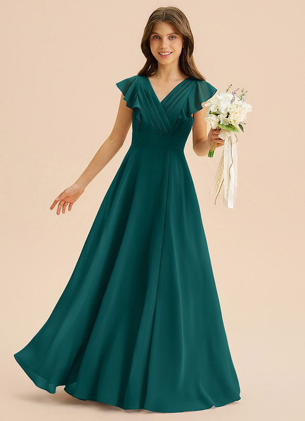 Azazie Anysa Junior Robe Trapèze en Mousseline de soie Rayé Paon image1