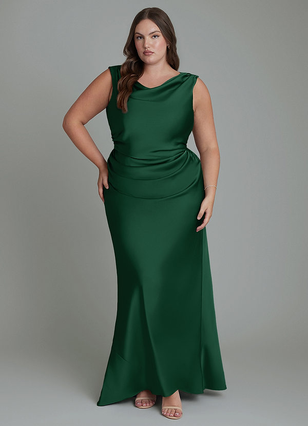 Azazie Kieryn Vestidos de dama de honor Vestido Verde Oscuro de Satén Elástico de Corte Sirena con Plisado image1