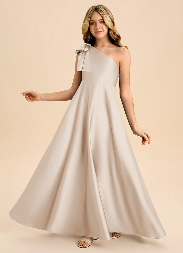 Azazie Penguin Junior Abito A-Line in Raso Elasticizzato Fiocco Alabastro Bianco image1