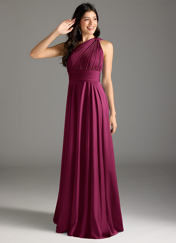 Azazie Charlize Bridesmaid Dresses Red Plum A-Line One Shoulder Stretch Satin Dress image1