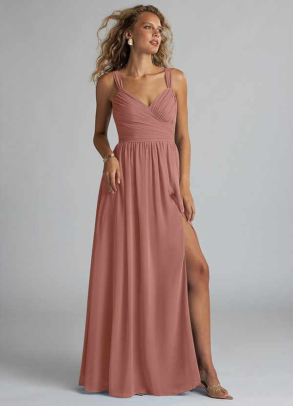 Azazie Aziza Bridesmaid Dresses Cedar Rose A-Line V-Neck Pleated Chiffon Dress image1