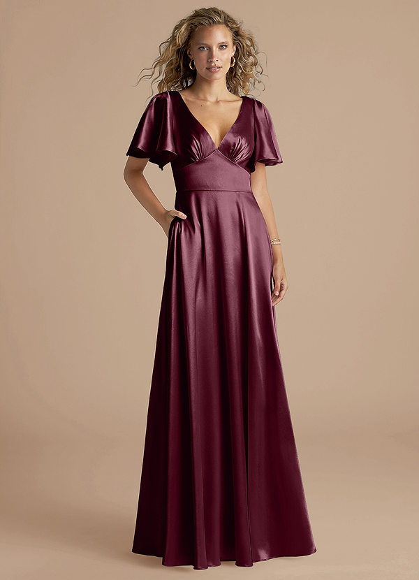 Azazie Kimber Bridesmaid Dresses Cabernet A-Line Ruched Metallic Satin Dress image1