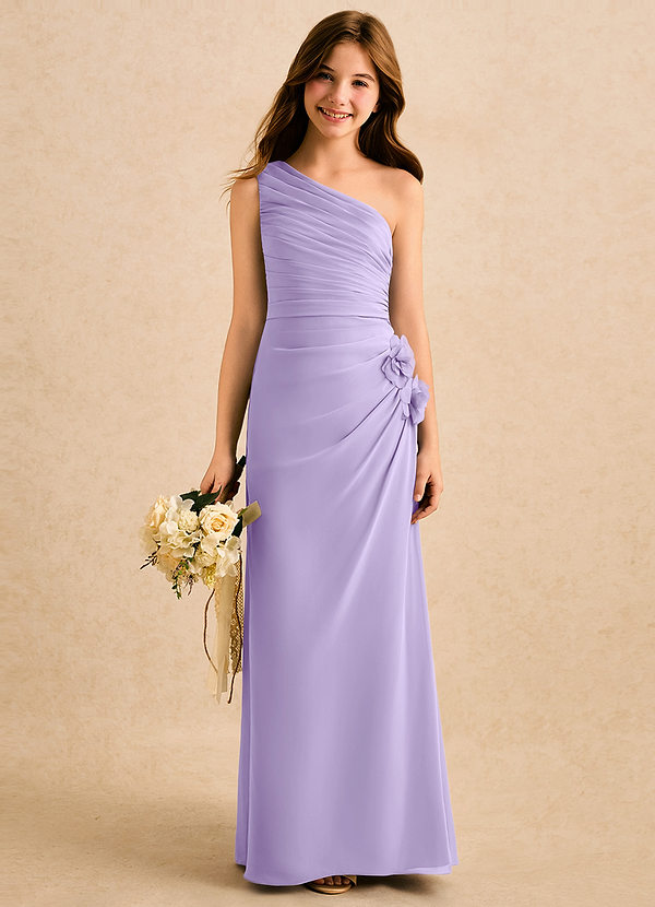 Azazie Sophie Girls Formal Robes de Fillette d'Honneur Robe Fourreau en Mousseline de soie Une épaule Lilas image1