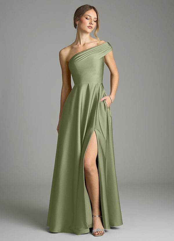 Melanie Bridesmaid Dresses Garden Sage A-Line Off the Shoulder Stretch Satin Dress image1