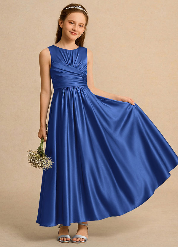 Azazie Ducky Girls Formal 플라워 걸 드레스 A라인 주름진 스트레치 새틴 발목 길이 드레스 image1