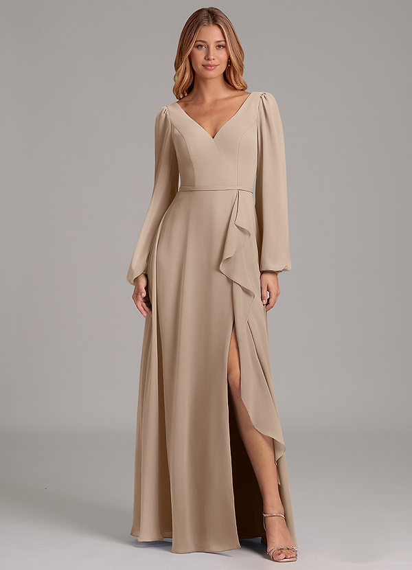 Azazie Simone Vestidos Dama de Honor Vestido de Gris Pardo de Gasa de Corte en A con Manga larga image1