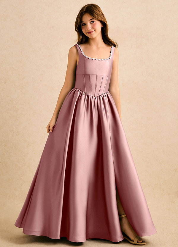 Azazie Enid Girls Formal Sukienki dla dziewczynek sypiących kwiaty Linia A Zroszony Satyna elastyczna Długość podłogi Sukienka image1