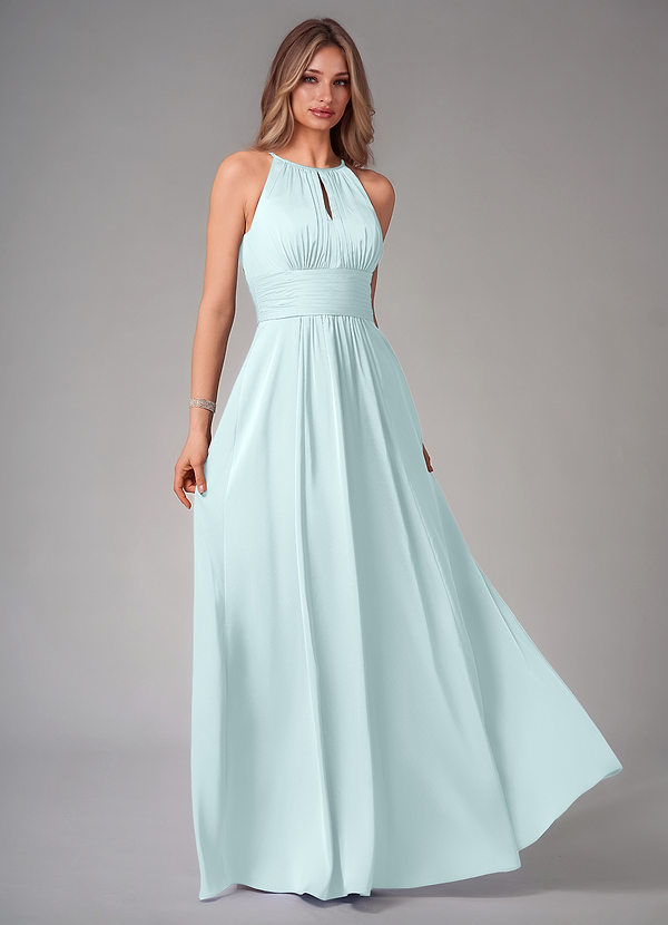Azazie Bonnie Bridesmaid Dresses Sea Glass A-Line Pleated Stretch Satin Dress image1