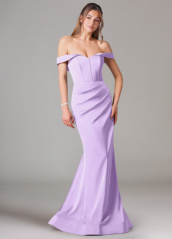 Azazie Everly Bridesmaid Dresses Lilac Mermaid Off the Shoulder Stretch Satin Convertible Dress image1