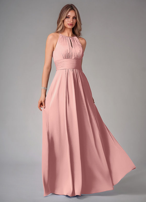 Azazie Bonnie Bridesmaid Dresses Rosette A-Line Pleated Stretch Satin Dress image1