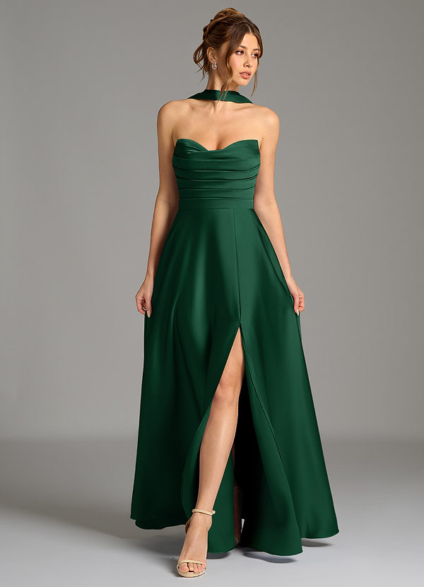Azazie Ayla Abiti da Damigella Abito A-Line in Raso Elasticizzato Corsetto Verde Scuro image1