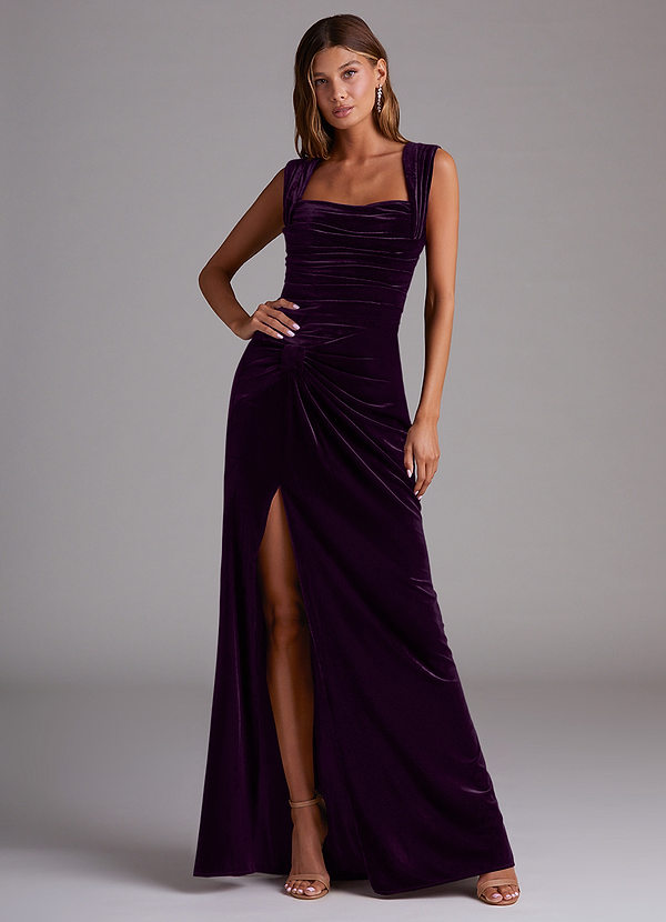 Azazie Genesis Bridesmaid Dresses Grape Sheath Pleated Velvet Dress image1