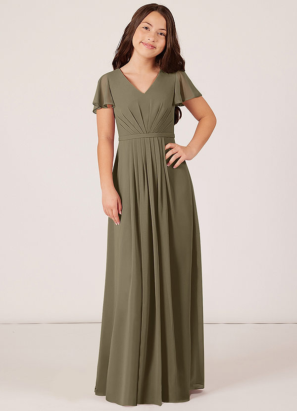 Azazie Peony Junior Willow Green A-Line Pleated Chiffon Dress image1