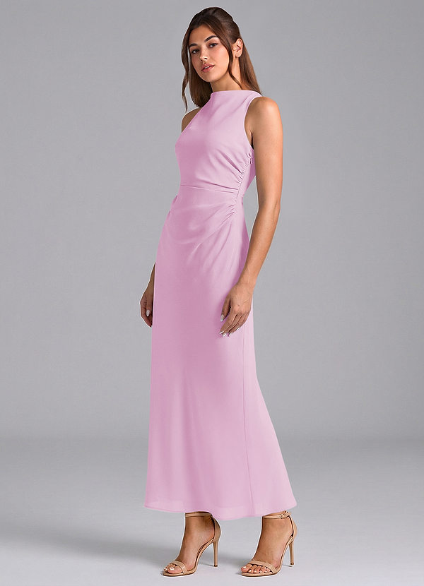 Azazie Evadne Bridesmaid Dresses Candy Pink Sheath Pleated Chiffon Dress image1