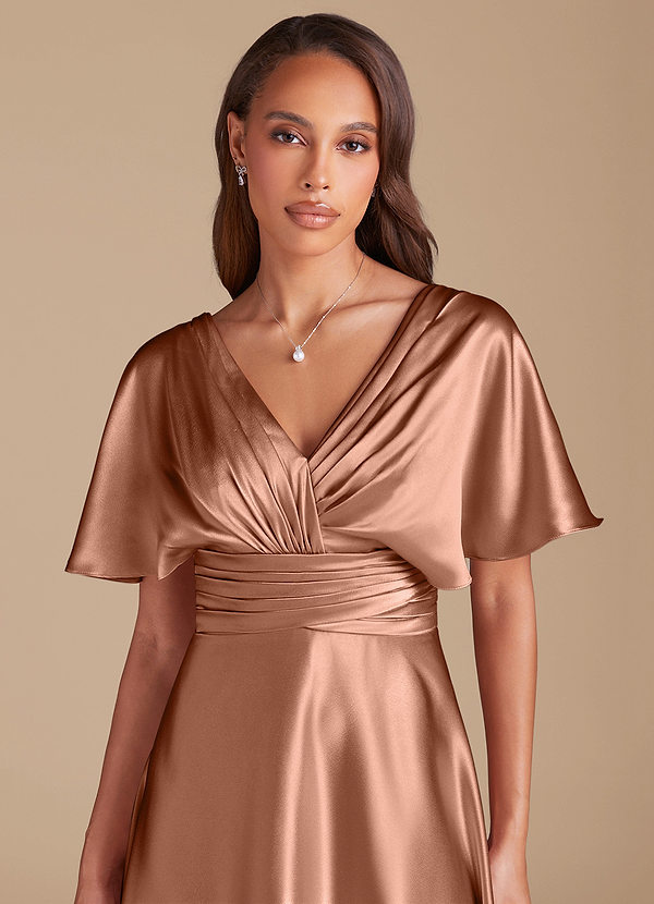 Azazie Pamela Bridesmaid Dresses Bronzer A-Line Pleated Metallic Satin Dress image1