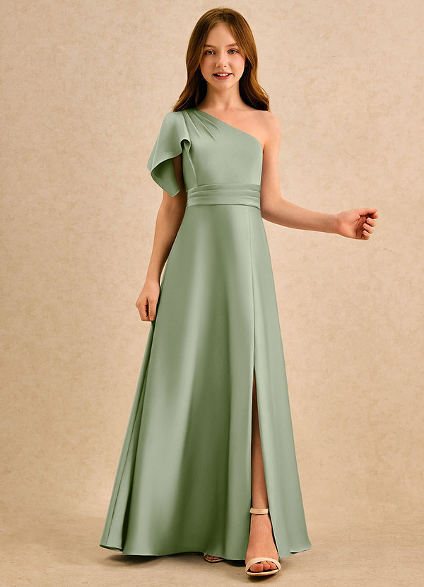 Azazie Jazzy Girls Formal Flower Girl Dresses Dusty Sage A-Line One Shoulder Stretch Satin Dress image1