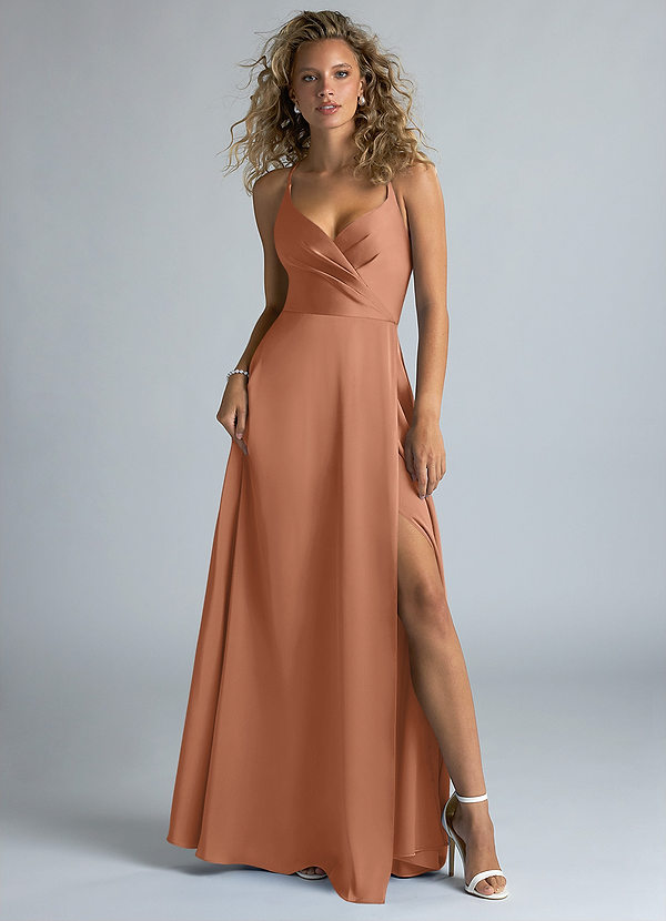 Azazie Davis Robes Demoiselle d'honneur Robe Trapèze en Satin extensible Plissée Bronze image1