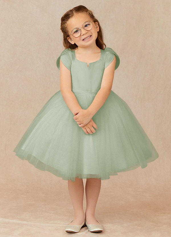 Azazie Malinda Flower Girl Dresses Dusty Sage Ball-Gown with Sleeves Tulle Dress image1