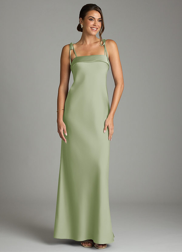 Azazie Ellia Bridesmaid Dresses Dusty Sage Sheath Bow Stretch Satin Dress image1