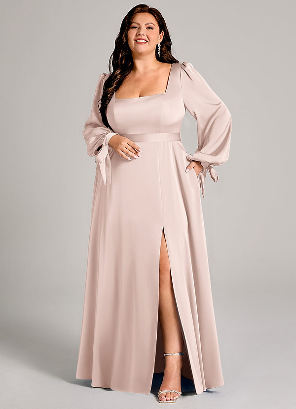 Azazie Leonia Bridesmaid Dresses Blushing Pink A-Line Long Sleeve Stretch Satin Dress image1