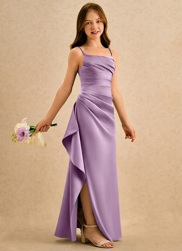 Azazie Cannoli Girls Formal Sukienki dla dziewczynek sypiących kwiaty Linia A Pofałdowany Matowy satynowy Długość podłogi Sukienka image1