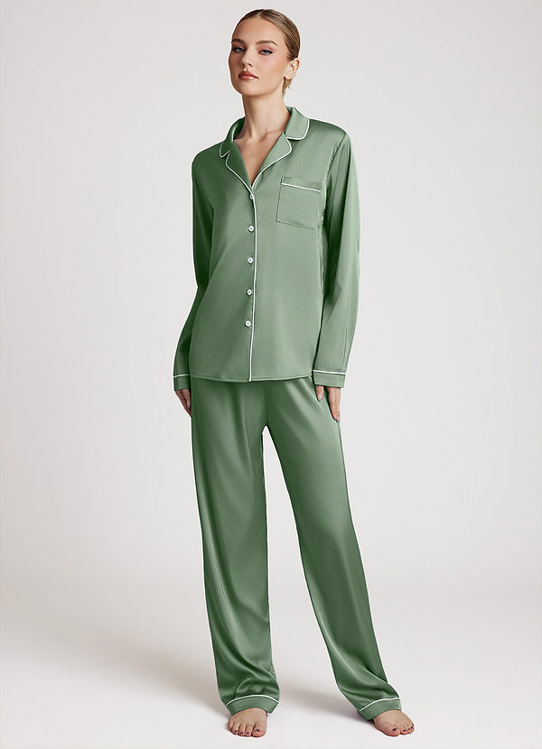 front Matcha Long Sleeves and Pants Satin PJ Set