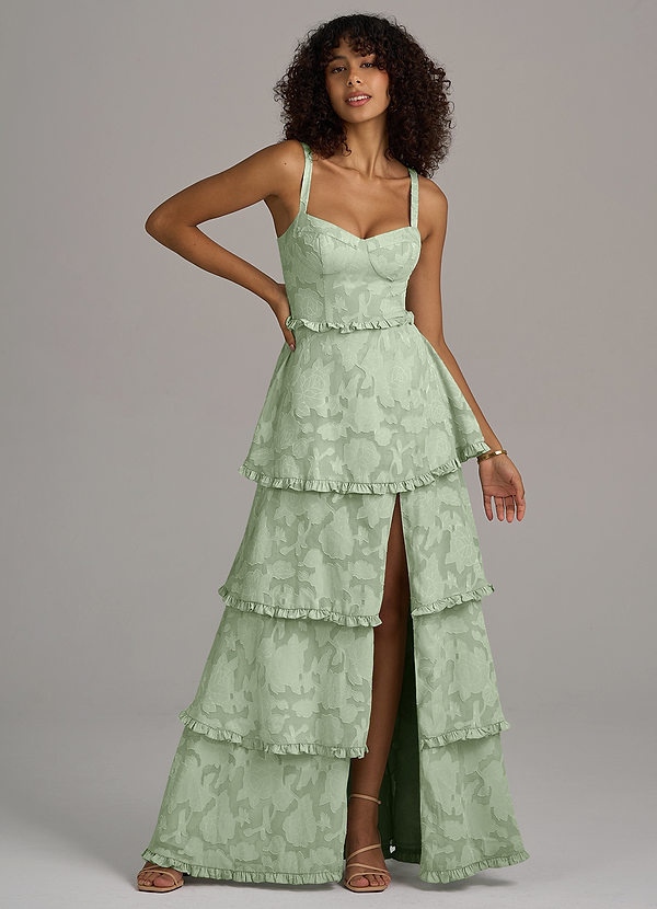 Azazie Romie Brautjungfernkleider A-Linie Korsett Blumen-Burnout Kleid Staubiger Salbeigrün image1