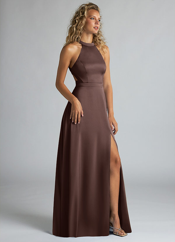 Azazie Clarice Robes de demoiselle d'honneur Robe Trapèze en Satin extensible Col haut Ganache image1