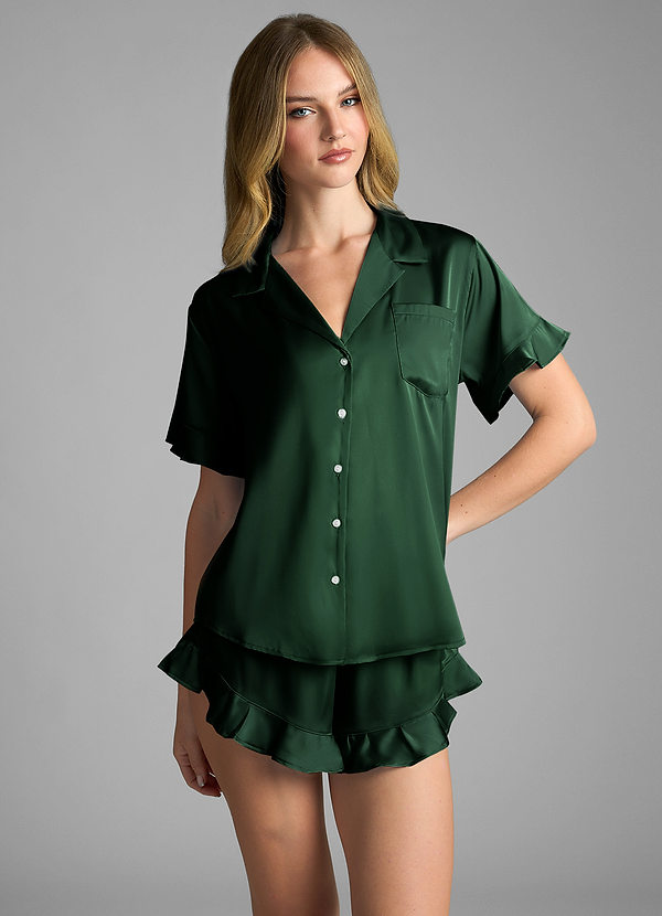 front Dark Green Ruffled Short Sleeve Pajama Set
