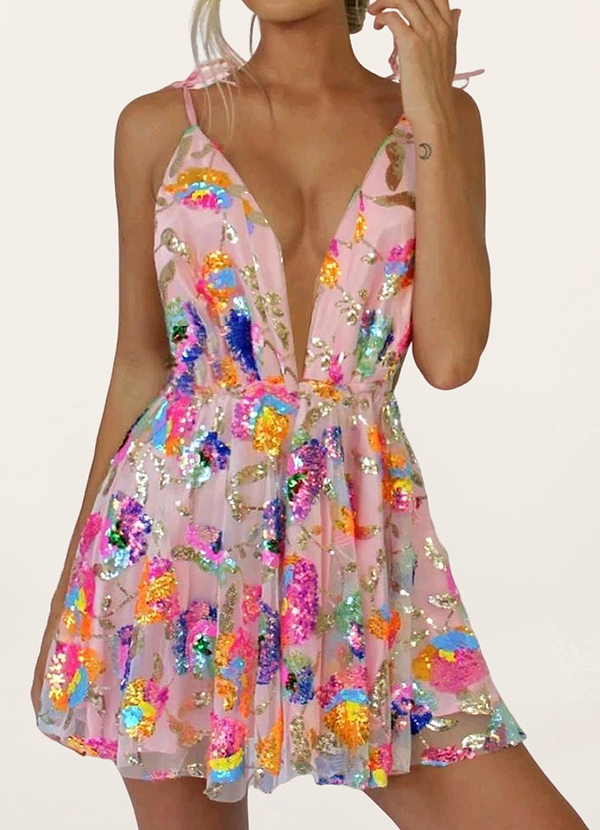 front Radiant Love Blushing Pink Sequin Embroidered Skater Dress