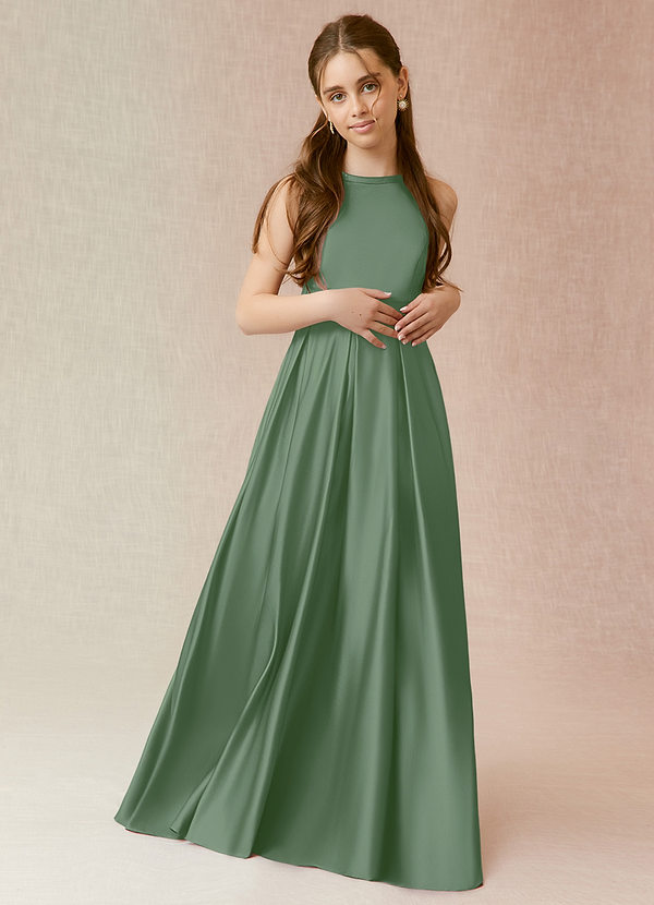 Azazie Arianthe Junior Eucalyptus A-Line with Pockets Matte Satin Dress image1