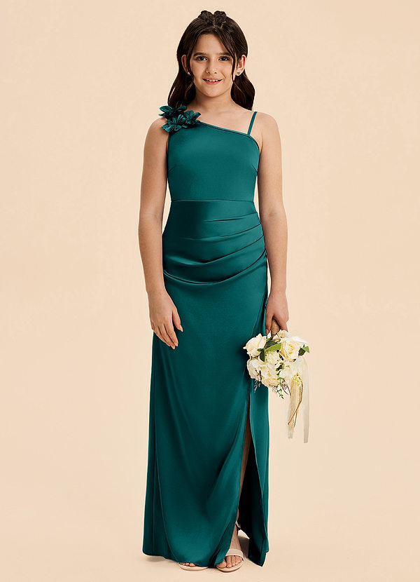 Azazie Remi Junior Peacock Sheath Side Slit Stretch Satin Dress image1