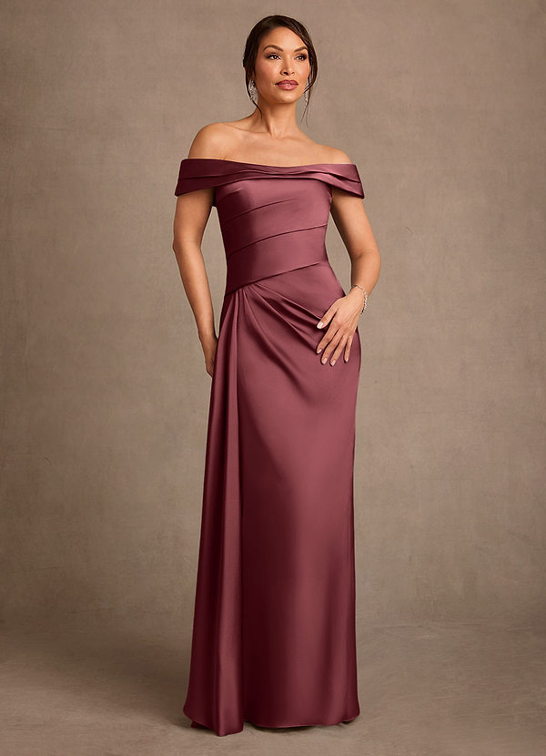Azazie Beah Mother of the Brides Dresses Merlot Sheath Off the Shoulder Stretch Satin Dress image1