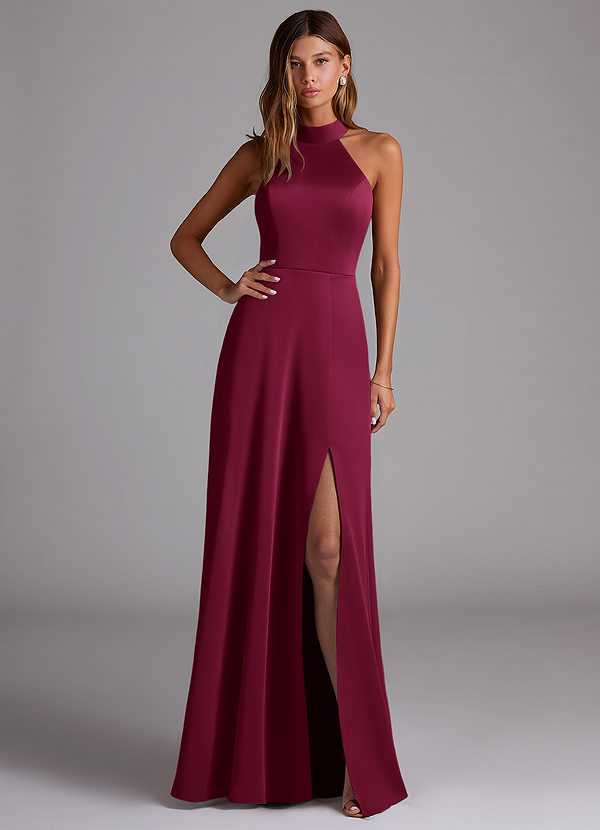 Azazie Myra Robes de demoiselle d'honneur Robe Trapèze en Satin extensible Col haut Bourgogne image1