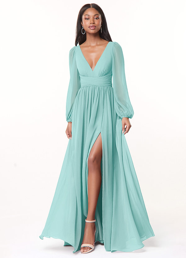 Azazie Norah Robes Demoiselle d'honneur Robe Trapèze en Mousseline de soie Col en V, manches longues Aqua image1
