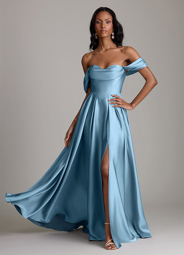 Azazie Loisa Abiti da Damigella Abito A-Line in Raso Elasticizzato a Spalla Scoperta Blu Acciaio image1