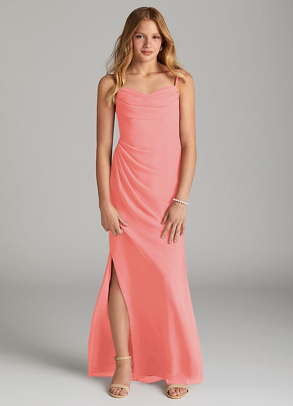 Azazie Mai Junior Coral Sheath Pleated Chiffon Dress image1