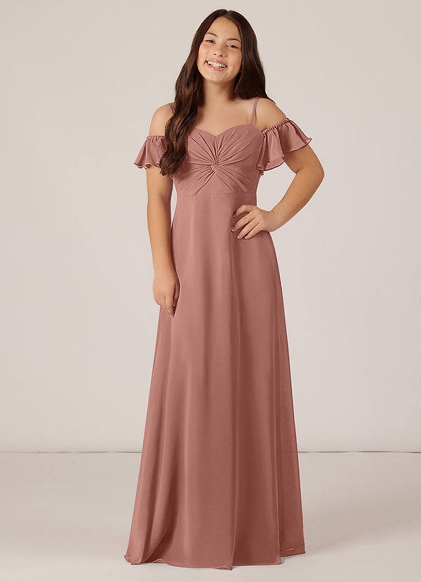 Azazie Juna Junior Robe Trapèze en Mousseline de soie Épaule décolletée Rose De Cèdre image1