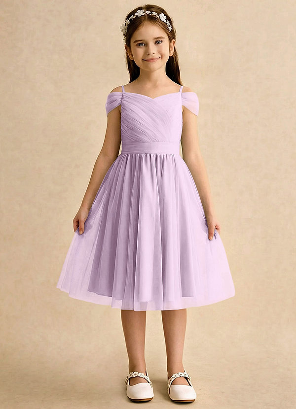Azazie Lila Girls Formal Sukienki dla dziewczynek sypiących kwiaty Linia A Zza ramienia Tiul Długość do kolan Sukienka image1