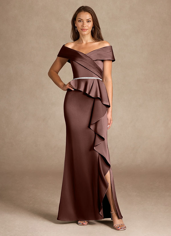 Azazie Dareia Mother of the Brides Dresses Espresso Mermaid Off the Shoulder Stretch Satin Dress image1