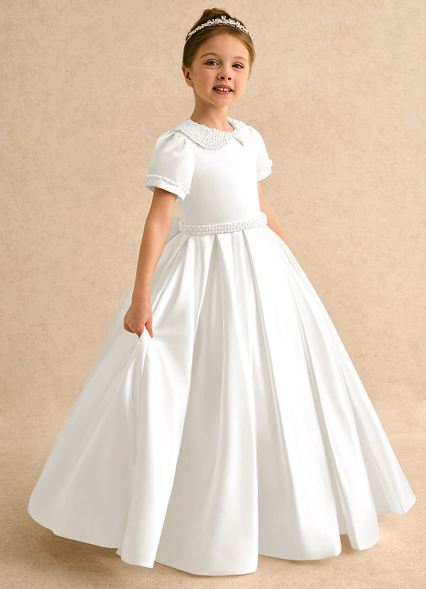 Azazie Gabriella Blumenkinder Kleider Ballkleid mit ärmel Matte Satin Kleid Elfenbein image1