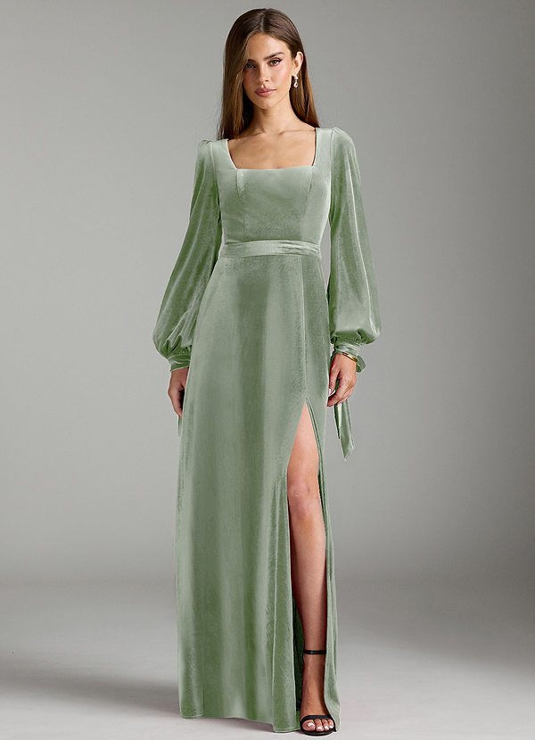 Azazie Leonia Bridesmaid Dresses Dusty Sage A-Line Long Sleeve Velvet Dress image1